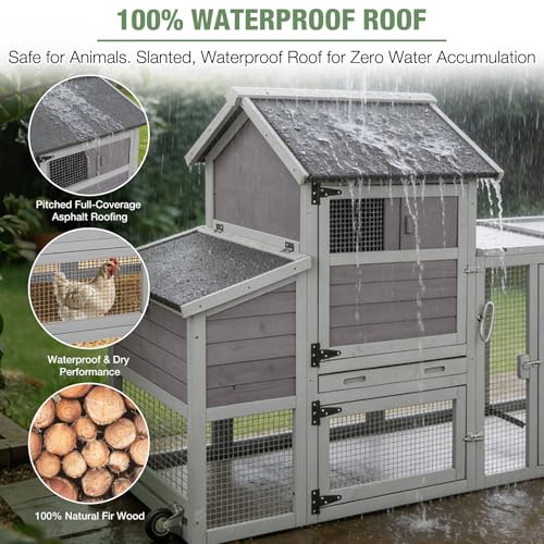 Mobile Chicken Coop with Wheels for 4-6 Chickens, Large Outdoor Hen House with Run, Weatherproof Asphalt Roof, Sectionable Nesting Box, Pull-Out Tray, 78" L x 27.6" W x 45" H - Grey - size: 78.0"L x 27.6"W x 45.0"H
