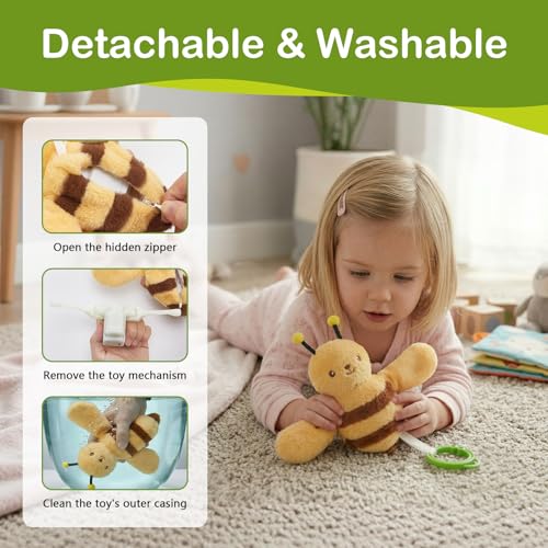 Baby Hanging Flying Bird Musical Toys for Stroller Car Seat Crib Play Gym | Ages 0-36 Months, Tummy Time, Sensory Music Toys, Plush with Clamp, Boys and Girls, Flapping Wings Bee/Birds Toy - color: Yellow Bee
