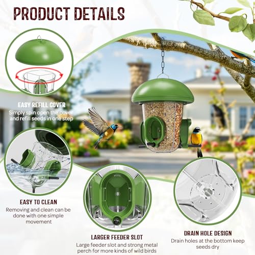LONA Bird Feeders for Outdoors Hanging – 3 Separate Compartments, 3 Feeding Ports, Weatherproof Dome & 3 Ways to Hang, Large Capacity for Cardinals/Finches (Green | Weatherproof&Easy Clean, 3 Ports&3 Ways for Hanging, Large seed Capacity for Wild Birds, O