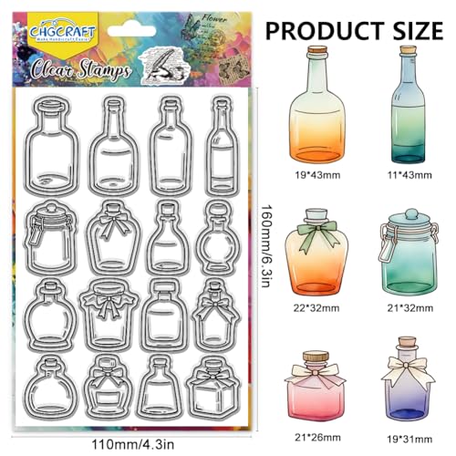 CHGCRAFT Various Bottle Style Clear Stamps Glass Bottle and Inkwell Silicone Stamp Seal for DIY Scrapbooking and Card Making Paper Craft Decor 6.3 × 4.3 Inch - style: Bottle