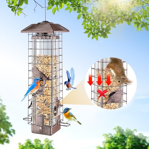 Squirrel Proof Bird Feeder for Outdoors Hanging, Metal 3LB Feeder | Weight activated gravity protection metal feeder with 4 ports for wild birds, chew proof hanging birdfeeder for cardinals