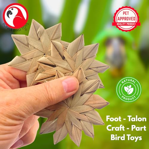Bonka Bird Toys 1271 3" Palm Leaf Flowers pk3 for Small Medium Birds | Hand woven natural palm leaf construction for chewing and shredding enrichment