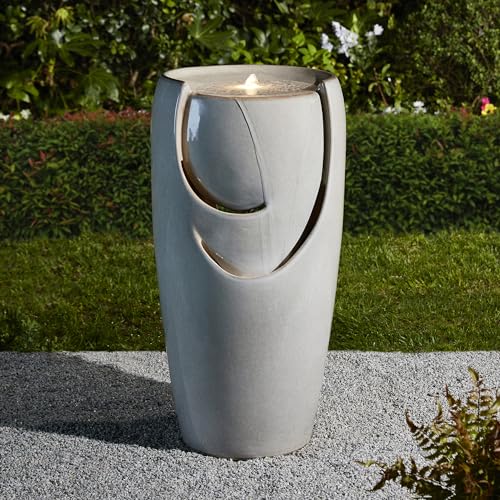 Glitzhome 29.25" H Oversized Ceramic Vase Outdoor Water Fountain Tall Patio Garden Water Fountain with LED Light and Submersible Pump Yard Art Decor, Sand Beige - color: Sand Beige, size: 29.25" H