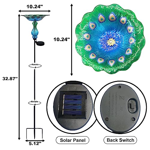 Blue Peacock Ground Stake Solar Bird Feeder for Outside,Bird Pond Outdoor Glass BirdBath with Metal Stake Garden Yard Outdoor, Garden Decoration Yard 32 inches