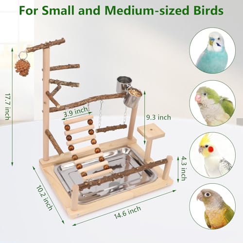 Wontee Bird Playground Wooden Bird Perch Stand Ladder Swing with Removable Tray & Feeding Cups for Budgies Parakeets Caique Senegal Cockatiels Conures