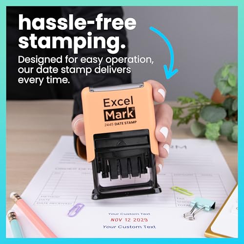 ExcelMark 2445 Date Stamp with Text - Blue and Red Ink (Peach Mount, Custom) - color: Peach Mount, size: Custom