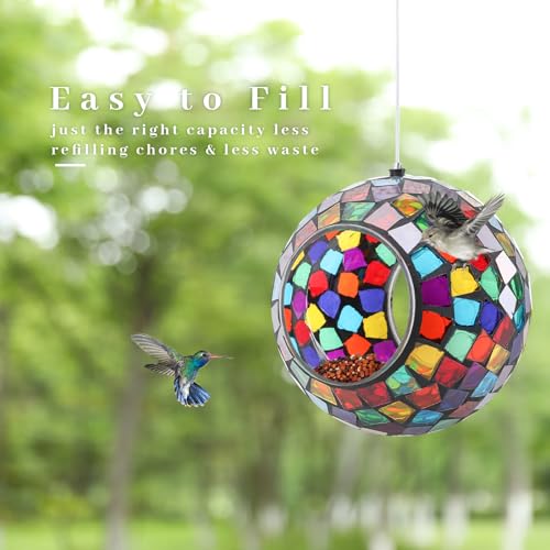 VCUTEKA Mosaic Bird Feeder Fly Through Hanging Birdfeeders for Garden Decor | 7" Mosaic Bird Feeeder for Outside, Round Polygon Shape Glass Container to Attract Wild Birds for Outdoors Garden Lawn Decor - color: Yellow&Red