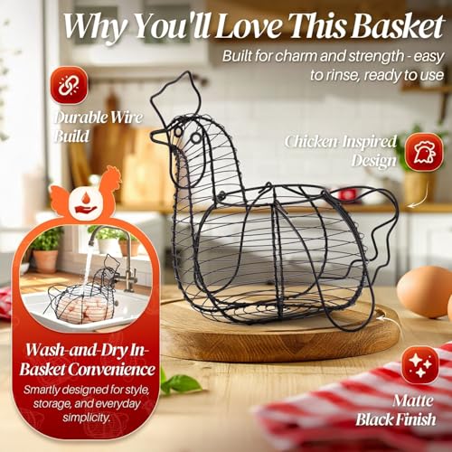 Flexzion Chicken Egg Holder, Black, Rectangular Wire Basket with Handle for Eggs, Fruits, Vegetables, Countertop, Farmhouse Rustic Style - size: Medium Chicken Basket