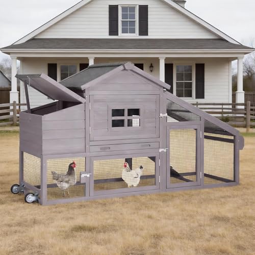 Aivituvin Chicken Coop with Run and Wheels, Mobile Outdoor Hen House Wooden Poultry Cage with Waterproof Roof (Grey, AIR23) - color: Grey, size: 67.3"L x 26.0"W x 39.4"H