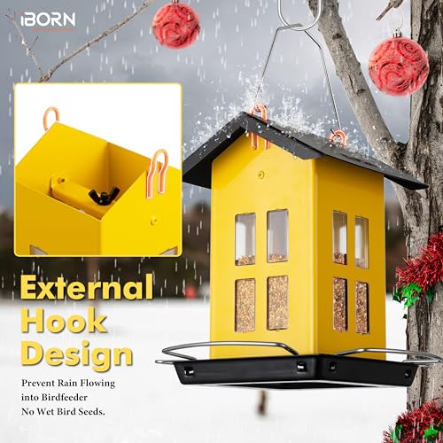 iBorn Bird Feeder House, Metal Bird Feeders for Outdoors Hanging,Double-Sided Metal Hanger & Weatherproof, Easy to Clean & Refill, 2.2 Lbs Capacity, Yellow - color: Yellow