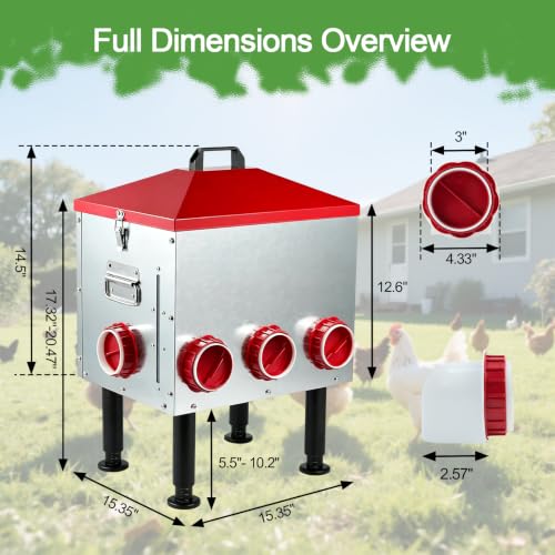 Large Automatic Chicken Feeder, 55LBS Chicken Feed Dispenser with Lid, 8 Feeding Ports, Adjustable Legs, Rodent Free, Waterproof Outdoor Metal Poultry Feeder