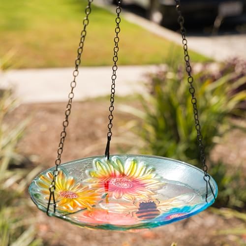 Alpine Corporation KBD126 Outdoor Hanging Glass Bird Feeder and Birdbath, Floral and Bee Bowl Design with Chain, 10" W - style: Floral and Bee