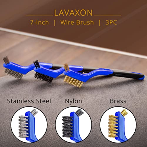 Wire Brush Set 3Pcs - Nylon/Brass/Stainless Steel Bristles with Curved Handle Grip for Rust, Dirt & Paint Scrubbing with Deep Cleaning – 7 Inches (Blue) - color: Blue