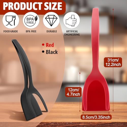 2 in 1 Egg Flipper Spatula, Non-Stick Grip and Flip Spatula Tongs for Pancakes, Omelets, Fish, Eggs, Burgers, Steaks, Heat Resistant Cooking Tool for Kitchen use(COLOR:Black+Red) - color: Black+Red