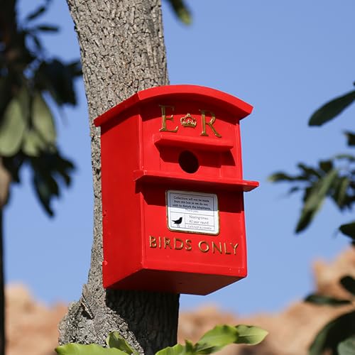 Vintage Red Post Box Bird Feeder Weatherproof Resin Tree Mount Garden Yard Decor