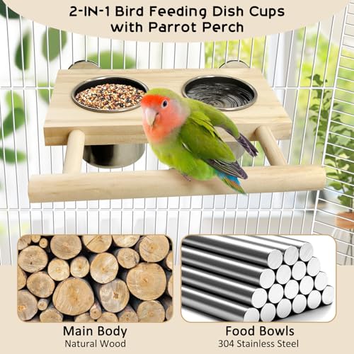 Tfwadmx Bird Feeding Dish Cups with Wooden Platform Hanging Stainless Steel Parrot Cage Feeder Bowl Wood Perch Stand for Parakeet Cockatiels Lovebirds Budgie (Small) - size: Log Perch