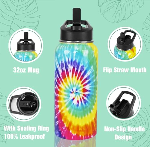 Tie-Dye Water Bottle with Straws Insulated Bottles Travel Thermal Double Walled Vacuum Cup Leak Proof Stainless Steel Tumbler Tie-Dye Lovers Decor Gifts-32 oz - color: Cyan blue yellow