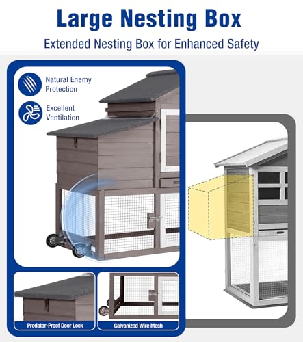 Mobile Chicken Coop with Wheels, Duplex Outdoor Chicken House with Expandable Run, Slide-Out Tray, Weatherproof Roof, Predator-Proof Hen House - Brown - color: 72.3"L Brown