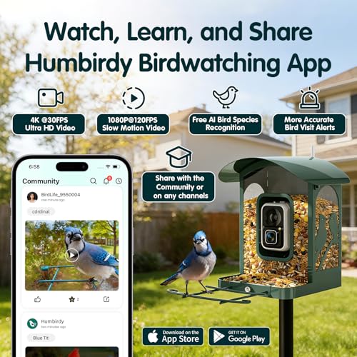 Bird Feeder with Camera, 4K Ultra HD Video with 30fps Live View, 10x Slow Motion, No Subscription, Solar Powered AI Smart Bird Feeder with Camera, 2.4G/5G Wi-Fi, Durable Metal,Bird Lover Gift