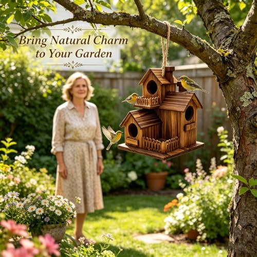 Wooden Bird Houses for Outside, 3 Compartments Villa Hanging Birdhouse, Carbonized Pine Nesting Box for Bluebird Wren Finch Backyard Garden Decor