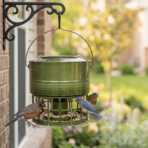 Solution4Patio 8-10LB Bird Feeder, Metal Wild Birdfeeder with 32 Access Holes & 2 Perches, Locking Top Helps Reduce Squirrel Stealing, Rust-Proof Hanging Design for Cardinals & Finches - color: Glazed Green
