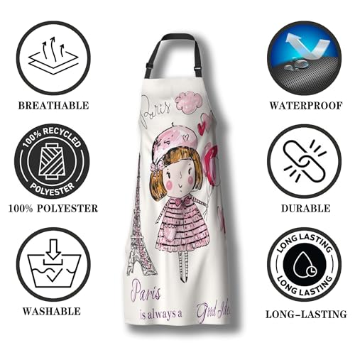 Mom Apron for Women Eiffel Tower, Little Girl in Paris Mans Aprons for Kitchen Cooking Restaurant BBQ Painting Crafting Gardening 27” (W) x 31” (H), Waterproof Apron - color: Eiffel Tower