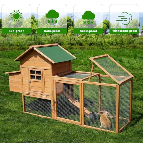 80" Large Chicken Coop, Waterproof Outdoor Hen House for 2-4 Chickens, Wooden Chicken House with Nesting Box, Removable Tray, PVC Cover, Run, for Garden Backyard Cage - size: 80.8"L x 26.0"W x 44.5"H