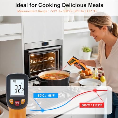 Ketotek Digital Infrared Thermometer Temperature Gun -58°F to 1112 °F(-50°C to 600°C) Handheld Non Contact IR Laser Thermometer KT600Y for Cooking Meat Refrigerator Pool Pizza Oven BBQ Food - color: Orange