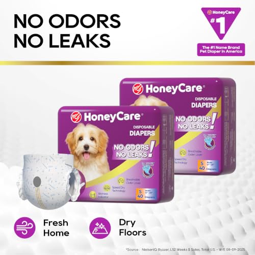 HONEY CARE All-Absorb Disposable Female Dog Diapers Small Size, Improved, 40 Count, Super Absorbent, Breathable, Wetness Indicator (Pack of 1, 40 Count Total) - size: SMALL(Pack of 1)