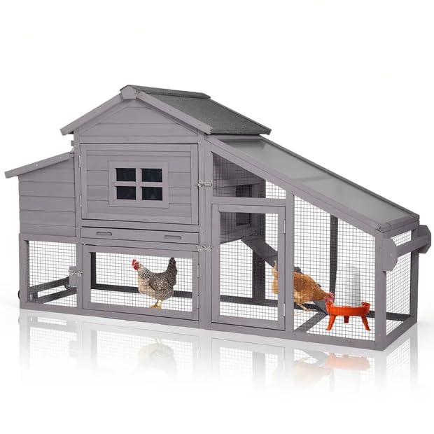 GUTINNEEN Chicken Coop with Wheels, Expandable Hen House Poultry Cage with Run, UV-Protected Roof, Divided Nesting Boxes, Easy One-Person Move, Ideal for 2 Adult Chickens or 4 Bantams, 72.3" L, Grey - color: Grey, size: 72.3"L x 26"W x 39.8"H