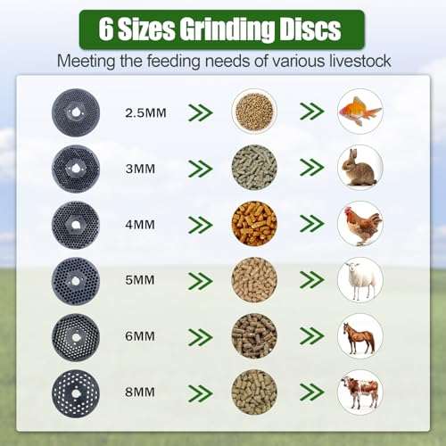 Pellet Mill Machine Animal Feed 220V w/3 Head Rollers 5.5KW | Feed Pellet Machine w/6 Grinding Discs 2.5/3/4/5/6/8mm, w/Air Switch, w/A Splash Plate, 100-200kg/h