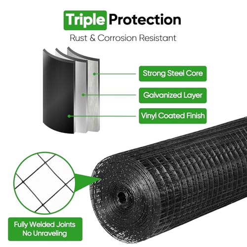 Black Hardware Cloth 24 in x 100 ft, 1 Inch Hardware Cloth, 19 Gauge Vinyl-Coated Steel 1x1 Welded Wire Mesh Roll for Chicken Wire Fencing, Chicken Coop, Garden Fence, Rabbit Fence and Catio