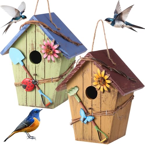 DoubleFill 2 Pcs Birdhouses for Outdoor Hanging Yard Outside Wooden Birdhouse Hand Painted Bird Box for Bird Lovers Bluebird Tree Garden Decor Decorative Birdhouse(Bright Color,Wooden Roof) - color: Bright Color, size: Wooden Roof