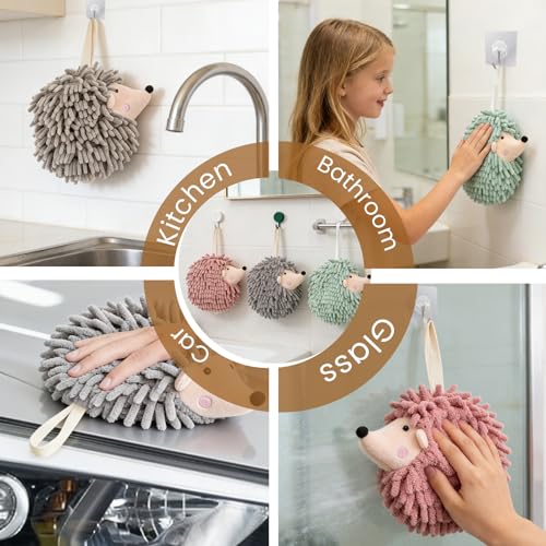 Hedgehog Shape Hanging Ring Hand Towels, 2-Pack, Gray, Chenille Super Absorbent Quick-Dry Towels, Household Cleaning Cloths for Bathroom and Kitchen - color: Hedgehog(gray)