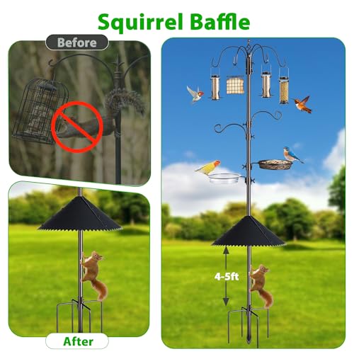 94-Inch Bird Feeding Station Kit, 6-Hook Pole with Squirrel Baffle | Bird Bath Bowl, Mesh Seed Tray, Freestanding 5-Prong Base, Removable Parts, Easy Assembly, for Patio, Lawn and Garden - size: 94 Inches with Squirrel Baffle