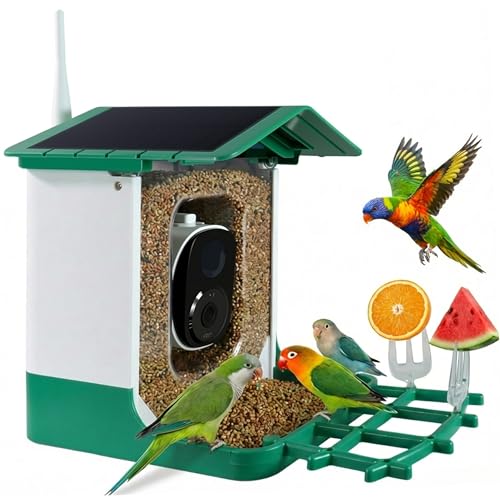 Ceeyali Smart Birds Feeder with Camera and 64GB Memory Card, 2K HD Video & Photo Live View, Solar Powered Panel, AI Birds Identification, 2.4G WiFi, 2.1L Seed Capacity (Green) - color: Green