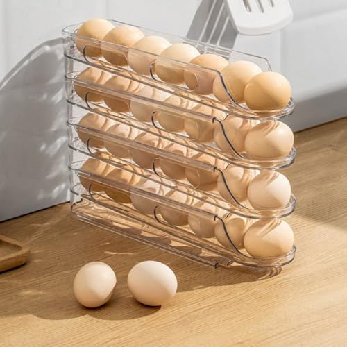 Egg Holder for Fridge,Stackable 1-4 Tiers Container,Auto Rolling Fridge Organizer for Refrigerator,Space-Saving Dispenser Holder,Refrigerator Egg Rack Transparent (4Packs)