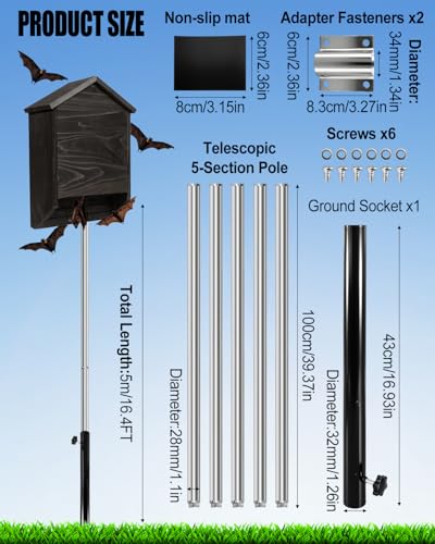 15FT Telescoping Stainless Steel Bat House Pole Kit with Ground Socket | Adjustable 5-Section Stainless Steel Pole with Ground Socket for Purple Martin Houses, Birdhouses and Outdoor Wildlife Mounti