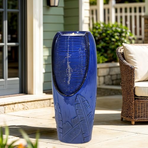 Autodaya 33" H Ceramic Jar Outdoor Water Fountain with Lights, Cobalt Blue | Natural Charm Water Feature with 3D Tropical Leaf Pattern, Soothing Cascading Waterfall for Peaceful Garden Patio Yard Porch - color: 32"h Cobalt Blue New
