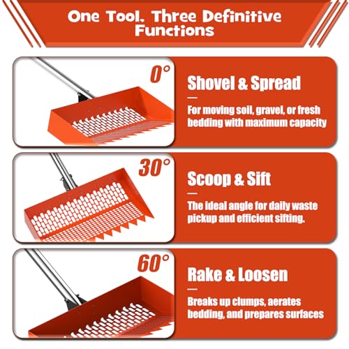 Chicken Poop Scooper & Rake 2-in-1 – 12 Inch Shovel Head & 3-Angle Adjustable 304 Stainless Steel Handle, Chicken Litter Scoop and Coop Rake & Sand Sifting Shovel for Chicken Coops, Orange - color: Orange