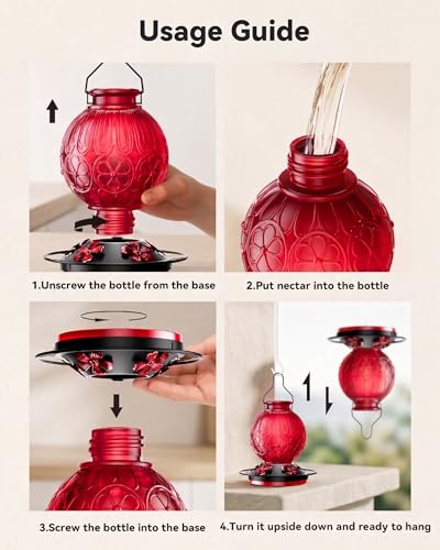 26Oz Hummingbird Feeder for Outdoors, Vintage Glass Bird Feeder with Perch, Durable & Easy to Clean, Hanging Nectar Feeder for Garden, Yard, Deck – Gift for Bird Lovers (Red) - color: Red