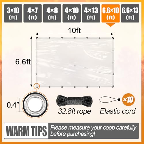 MEWTOGO 6.6x10ft Chicken Coop Covers Accessories for Winter | Easy to Install & Waterproof Chicken Run Tarp, with Elastic Cords & Rope - size: 6.6x10ft
