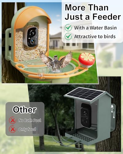 Bird Feeder with Camera, Smart Birdfeeder with Cam Solar Powered, 2K HD Video, AI Identification, Instant Arrival Alerts, IP66 Bird Bath & Feeder,Gift for BirdLover (with BirdBath, Green) - color: Green, style: With BirdBath