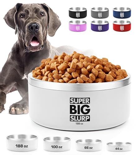 Tuff Pupper Heavy Duty Insulated Dog Bowl | Double Wall Stainless Steel Dog Food Dish | Non-Slip Spill Proof Dishwasher Safe Cat Bowl | Water Dish for Feeding Large Medium Small Pets (188oz, White) - color: Snow White, size: 188oz