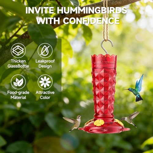 Glass Hummingbird Feeders for Outdoors 13 Oz 2-Pack Ant&Bee Proof | Red Hummingbird Feeder with Wide Mouth for Easy Cleaning, Leak-proof Nectar Feeders, Garden Backyard Décor Gifts for Women - color: Red, size: 2 Pack