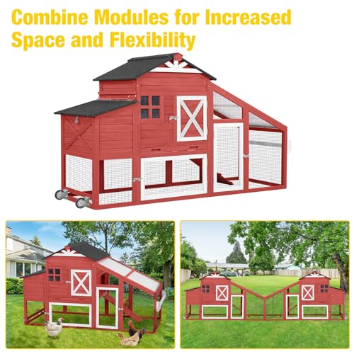 AIVITUVIN Chicken Coop with Nesting Box Mobile Chicken House on Wheels for 2-4 Chickens Rabbit Hutch Pull-Out Tray Wooden Poultry Cage Red - color: Red