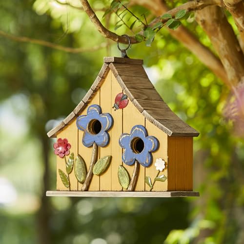 Glitzhome Bird Houses for Outside, 10.75" L Distressed Solid Wood Hanging Birdhouse with 3D Flowers Rustic Two-Story Townhouse Hand-Painted Garden Bird Houses for Outdoors,Washed Yellow - color: 10.75"L 3D Flowers Washed Yellow