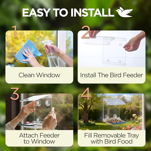 Window Bird Feeder for Outdoors with Strong Suction Cups,Sturdy and Durable Acrylic Birdfeeders for Viewing Wild Birds Outside,Mount On Window/Wall/Bird Pole Kit