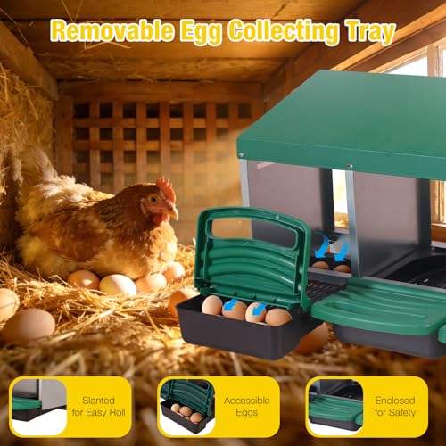 Aivituvin Chicken Nesting Box, 3 Compartments Chicken Egg Laying Box, Metal Nesting Boxes with Swing Perch for Chickens, Roll Away Egg Collection for Chicken Coop (Green) - color: Green