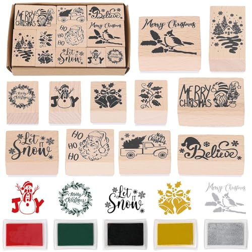 JarThenaAMCS 11 Pcs Merry Christmas Wooden Rubber Stamps Xmas Mixed DIY Craft Stamps for Party Gift Decor Scrapbooking Cards Making - style: Christmas
